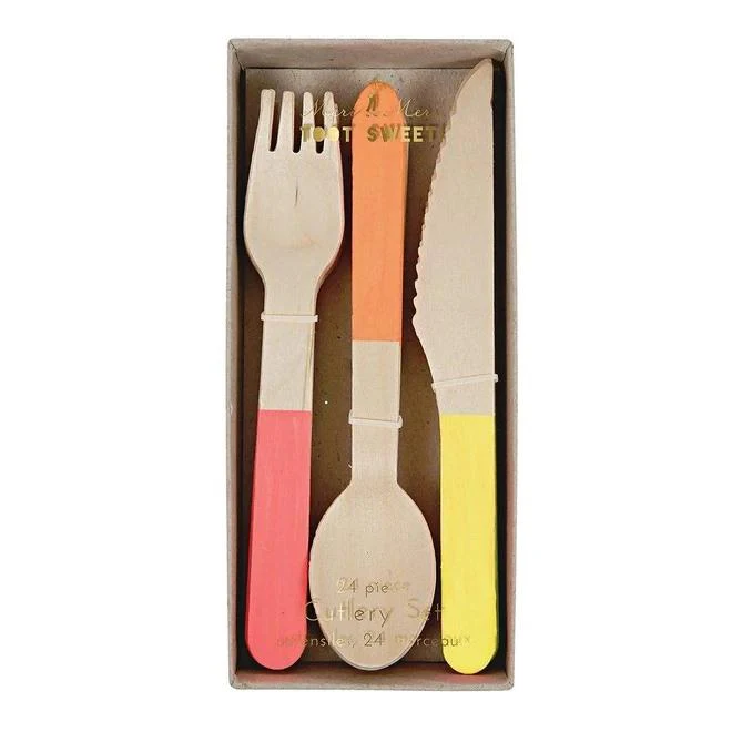 Meri Meri - Ensemble de Coutelerie en Bois - Néon||Meri Meri - Wooden Cutlery Set - Neon - Boutique Bébé en Ligne : Soins, Jouets et Articles Maison Chat avec sac et kit de soins