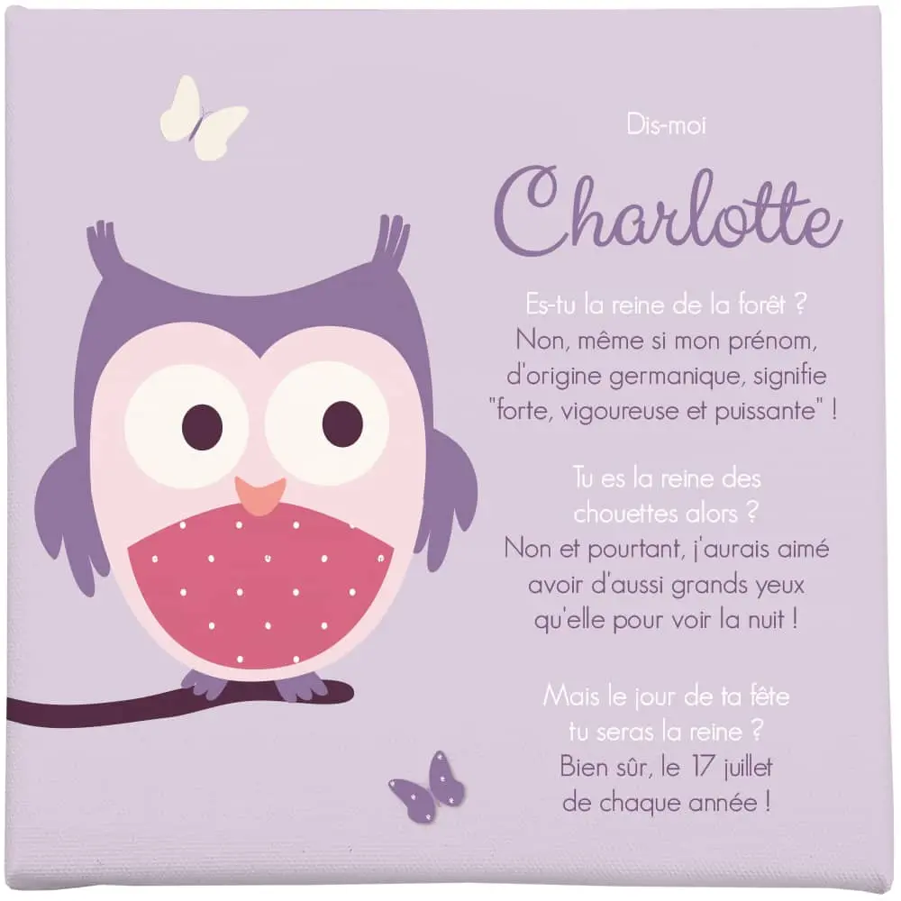 Toile personnalisée autour du prénom et sa chouette mauve - Boutique Bébé en Ligne petites : Soins, Jouets et Articles Maison