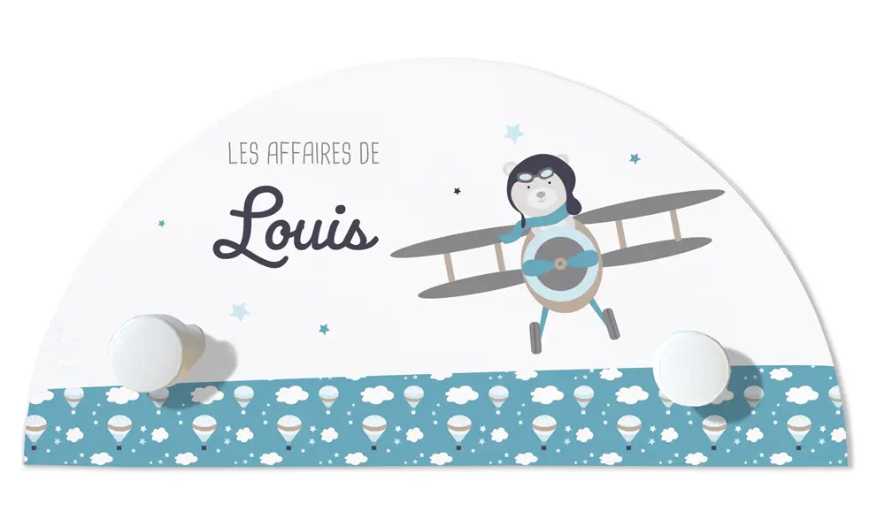 Portemanteau prénom 2 patères de l'ourson aviateur - Boutique Bébé en Ligne : Soins, Jouets et Articles Maison Ourson Aviateur Porte Clés