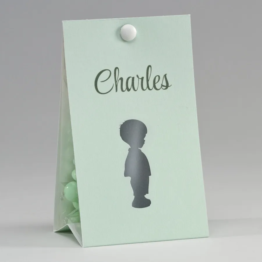 Boite dragées vert d’eau motif petit garçon Personnalisable ​Boulangerie Pâtisserie Pain Levain Viennoiseries