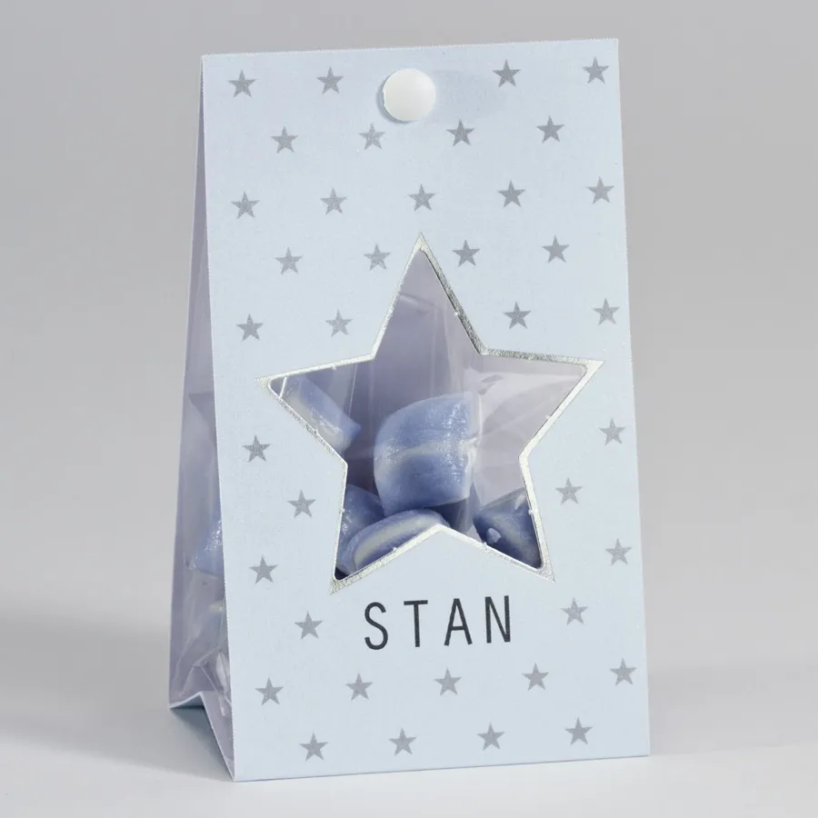 Boite dragées Bleu Étoiles Argent Personnalisable ​Boulangerie Pâtisserie Pain Levain Viennoiseries