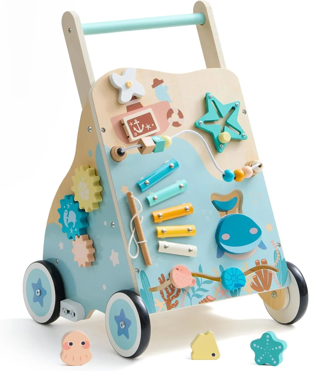 Trotteur en activité bois pour bébé – chariot de marche robuste - Vins Rouges Harmonieux pour Chaque Occasion